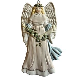 Victorian Fairy Christmas Tree Ornament Ceramic Angel Pink Blue Wreath Vintage